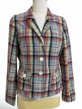 TALBOTS Multi-color Madras Plaid Blazer Cotton Flax Navy Pink Orange Preppy Sz 8